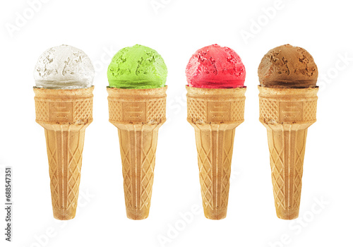 assorted icecream cones, set on white