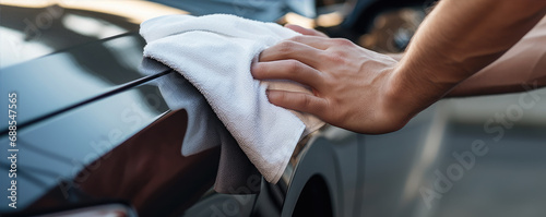 Obraz na płótnie A man cleaning or polish luxury car with white microfiber cloth, Car clean concept. w salonie