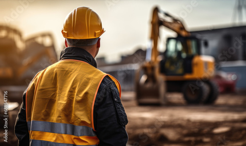 Worker from behind with yellow helmet on constructon site. Industry concept