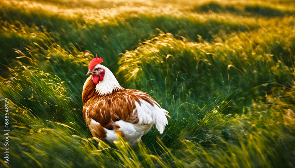 Fototapeta premium Chicken walking in the tall grass