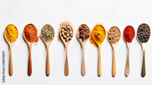 Various colorful spices in spoons