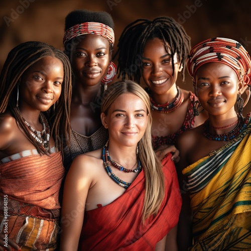 A close-up capturing women from various cultures, showcasing their strength and harmony, with diverse features, hairstyles, and cultural attire elements.
