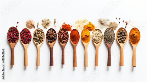 Various colorful spices in spoons