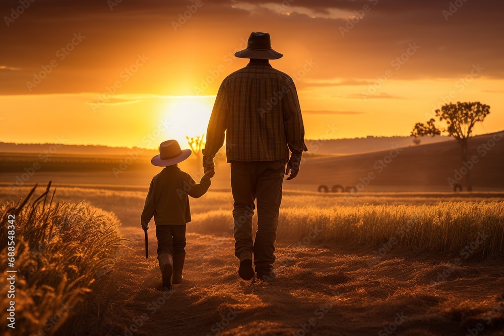 A warm sunset backdrop illuminates a farmer and his son in a rural field, capturing the essence of their father-son relationship and authentic country life.