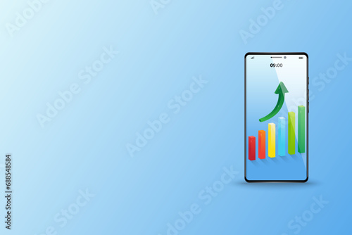 Concept of business analysis, colorful of bar chart on the display of smartphone in the uptrend.