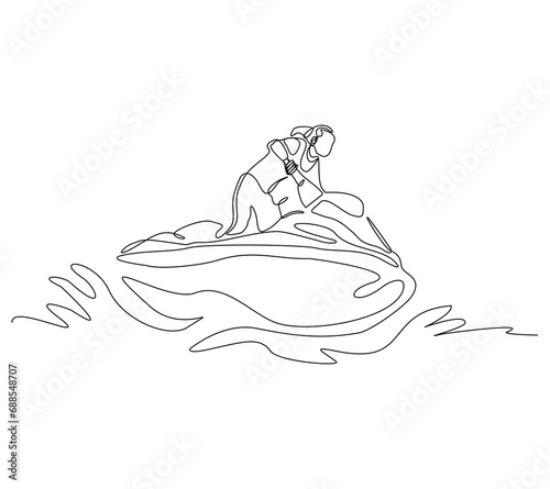 Continuous single line sketch drawing of woman riding jet ski power boat on splash wave. One line art of water sport outdoor summer fun holiday activity vector illustration