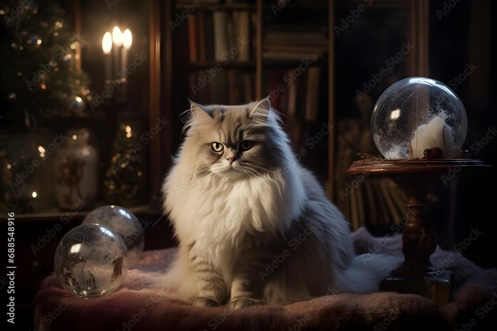 A Persian cat sitting on a rocking chair, surrounded by snow globes and candles (Generative AI) - obrazy, fototapety, plakaty 