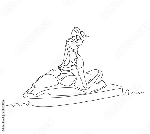 Continuous single line sketch drawing of woman riding jet ski power boat on splash wave. One line art of water sport outdoor summer fun holiday activity vector illustration