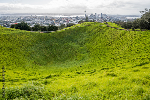 Auckland skyline looking from the top of Mount Eden Crater  New Zealand. 