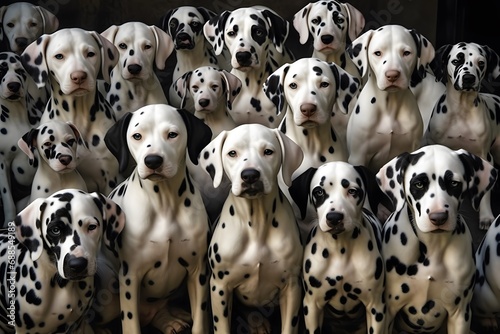 A spotted dalmatian, surrounded by 101 puppies of the same breed, looking proud and happy to be a parent photo realistic (Generative AI)