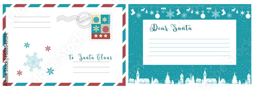 Dear Santa. New Year and Christmas letter to Santa Claus, post card and envelope with stamp. Vector illustration.