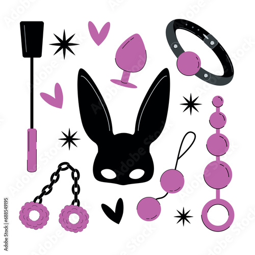 Sex toys set. Mask, balls, spanking paddle, plush handcuffs. Design elements for a sex shop