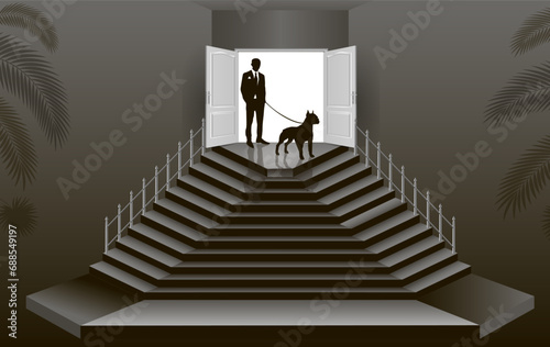 The interior of an empty room with a man and a dog. Free space for copying a 3D image. 