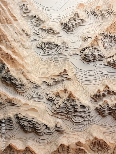 Juxtaposed Landscapes: Intricate Topographical Wall Art Depicting Detailed Elevations and Depressions