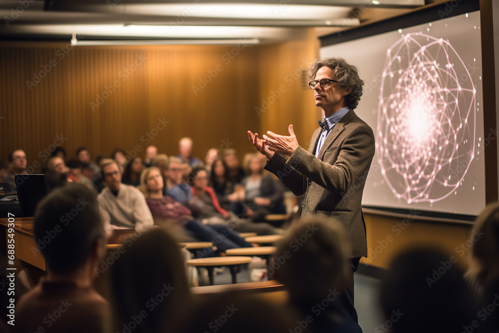  An image of a public lecture where a knowledgeable speaker is presenting on the implications and wonders of quantum physics to an engaged and curious audience