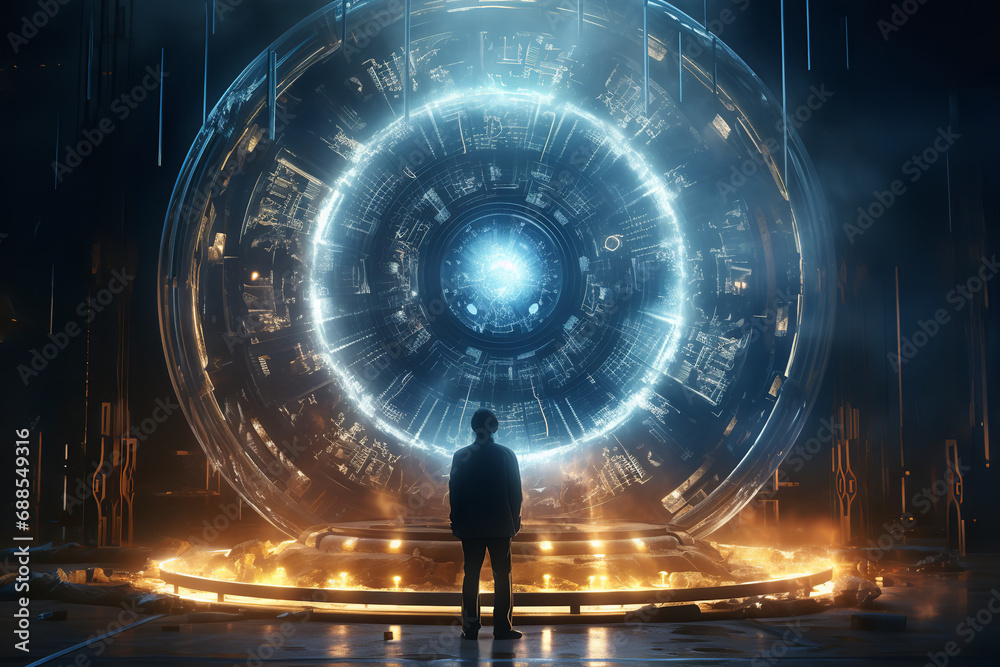  An image inspired by a sci-fi movie scene, showcasing a futuristic quantum teleportation device, reflecting an imaginative and speculative interpretation of quantum mechanics  - obrazy, fototapety, plakaty 