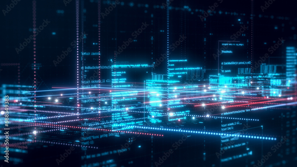 Obraz premium abstract complex neural data network with programming code, concept of web development, machine learning, artificial intelligence, futuristic technology (3d render)