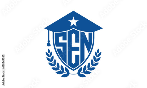 SEN three letter iconic academic logo design vector template. monogram, abstract, school, college, university, graduation cap symbol logo, shield, model, institute, educational, coaching canter, tech