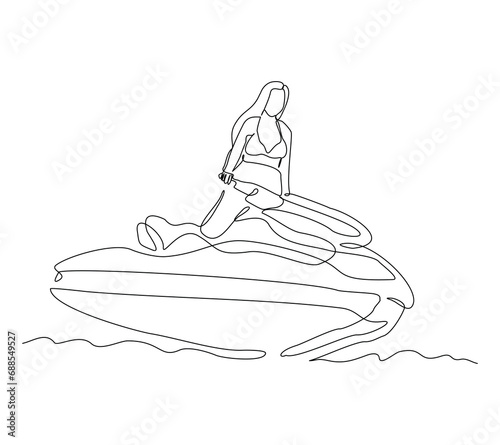 Continuous single line sketch drawing of woman riding jet ski power boat on splash wave. One line art of water sport outdoor summer fun holiday activity vector illustration