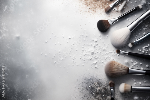 Makeup tools border design around blank space in  silver tones background. Flat lay composition of beauty products, brushes, color palettes and copy space banner. photo