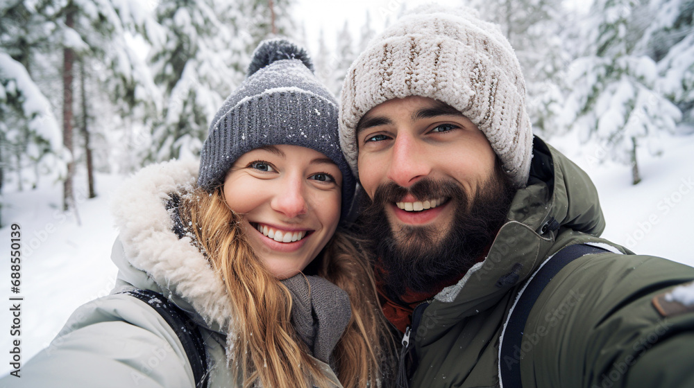 Couple in love taking a selfie in the winter forest. Winter holidays. Selective Focus