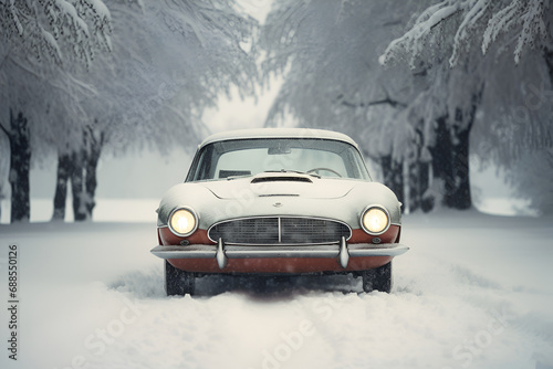 retro white red car standing in snowdrifts in a snow storm winter weather against snow covered trees