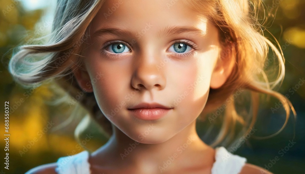 Obraz na płótnie Portret dziewczynki o niebieskich oczach i twarzy delikatnie oświetlonej słońcem w salonie