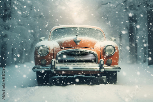retro red car standing in snowdrifts in a snow storm winter weather