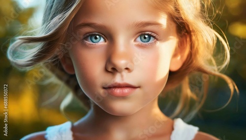 Portret dziewczynki o niebieskich oczach i twarzy delikatnie oświetlonej słońcem