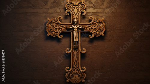 Wooden Christian cross on desk background