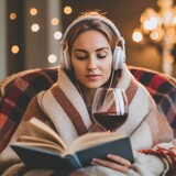 Kobieta okryta kocem siedzi w fotelu ze słuchawkami na uszach, książką i lampką wina w ręku. Motyw zimowego relaksu w zaciszu domu 