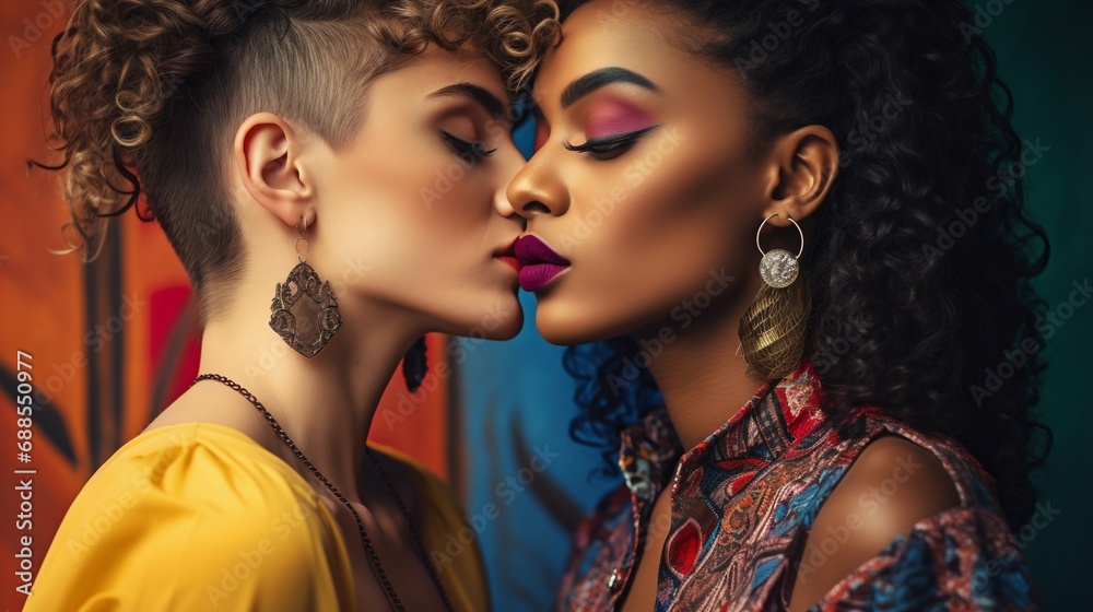 Obraz premium Passionate Kiss Between Diverse LGBT Women. Generative ai
