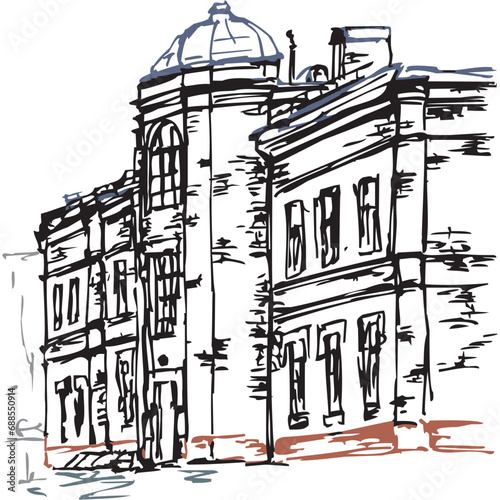 Low-color linear drawing - the courtyard of the 1905 building, the Profitable possession of Pikert, architect Leonid Vasilyevich Stezhensky. Bolshaya Polyanka 58, Moscow
