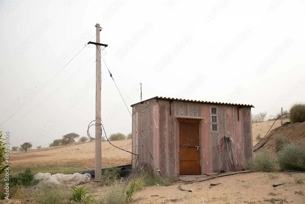 Small powerhouse and electricity pole in desert farmland