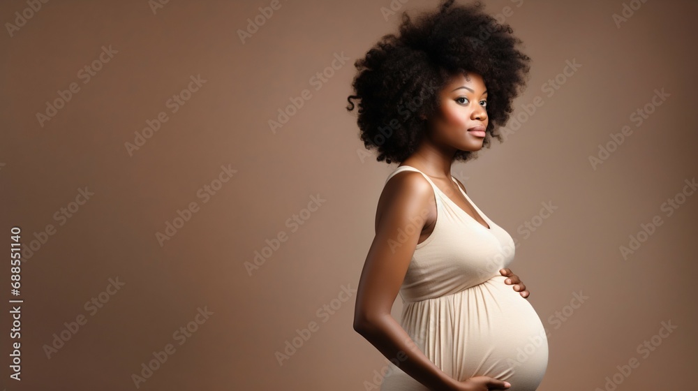 Side View of Pregnant Afro-American Woman on Light Beige Background. Generative ai Side View of Pregnant Afro-American Woman on Light Beige Background. Generative ai