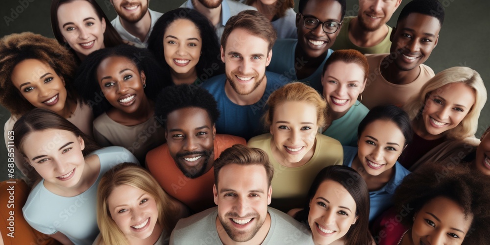 Aerial View of Smiling Multi-Ethnic Group Looking Up. Generative ai Aerial View of Smiling Multi-Ethnic Group Looking Up. Generative ai