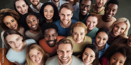Aerial View of Smiling Multi-Ethnic Group Looking Up. Generative ai