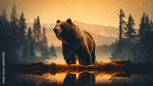 Bear Silhouette and Forest Sunrise in Double Exposure. Generative ai