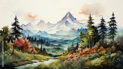 Watercolors of fantastic landscapes of mountains in the tropical jungle. © Ramon Grosso