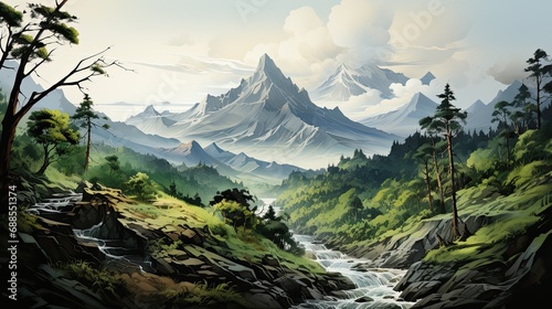 Watercolors of fantastic landscapes of mountains in the tropical jungle.
