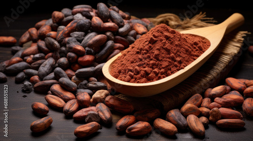 Cocoa ingredients with cocoa beans, fresh cocoa pod and cocoa mass.
