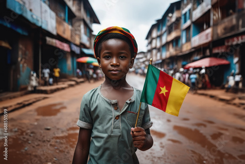 Cameroonian boy holding Cameroon flag in Douala street photo