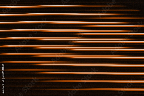 Fluorescent background. Blur curved texture. Futuristic light. Defocused neon orange apricot crush brown color stripes in circles glow on dark ridged abstract overlay, trend color of 2024
