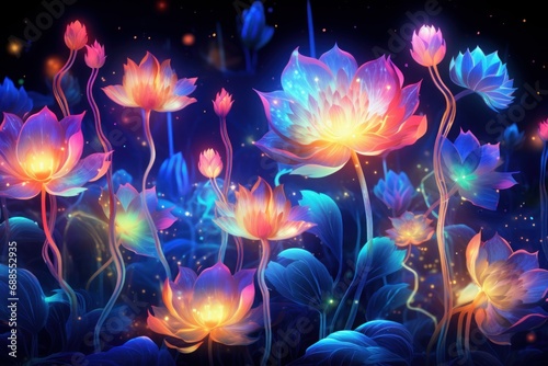 Fantasy surreal flowers. Futuristic floral wallpaper with iridescent holographic flowers  neon glow. Tropical exotic background.