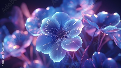 Fantasy surreal flowers. Futuristic floral wallpaper with iridescent holographic flowers, neon glow. Tropical exotic background.