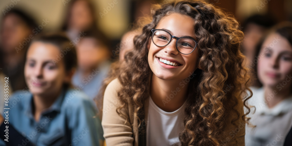 Diverse group of joyful students engaged in learning and enjoying a classroom lecture, with a young woman in glasses smiling brightly
