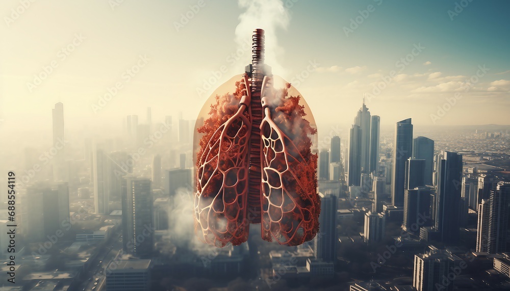 Lung disease frome smoking , Human lungs and smoking city background. 3d rendering toned image double exposure - obrazy, fototapety, plakaty 