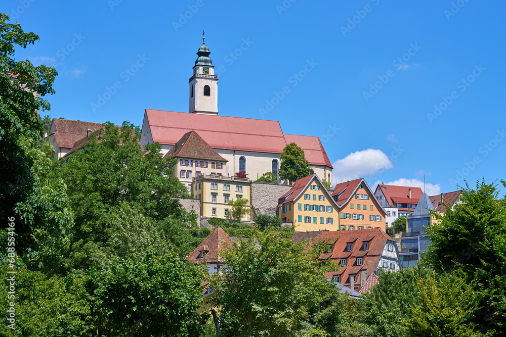 Stiftskirche Heilig Kreuz über der Altstadt - Wahrzeichen von Horb am Neckar, Deutschland