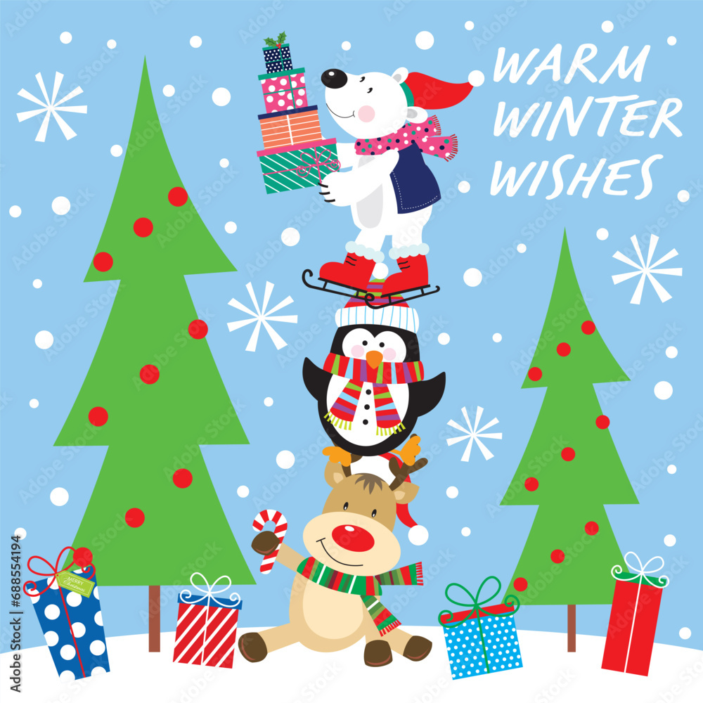 christmas card with christmas tree, reindeer, penguin and bear