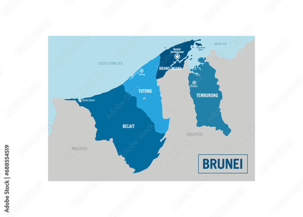 Brunei country political map. Detailed vector illustration with isolated provinces, departments, regions, cities, islands and states easy to ungroup.